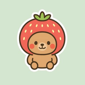 Strawberry Bear Sticker – Cute Kawaii Fruit Bear Vinyl Decal | Berry Costume Sticker, Cottagecore Aesthetic, Waterproof Sticker