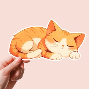 Cute Sleeping Cat Vinyl Sticker Ginger Kawaii Sleepy Cat Decal Tabby Cat Aesthetic Sticker for Laptop Notebook Cat Lover Gift Cat Mom Gift