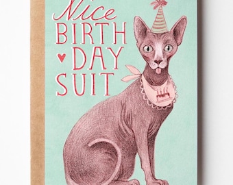 Sphynx Cat Birthday Suit Card - Funny Naked Cat Lover Gift - Hand Drawn Pencil Art - Cute Unique Card For Cat Mom or Cat Dad