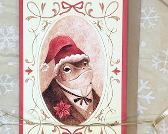 Festive Victorian Portrait Frog Christmas Card - Cottage Core Holiday Card - Cute Santa Frog Vintage Aesthetic Artwork- Unique Animal Card
