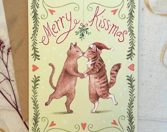 Cat Christmas Card Merry Kissmas - Mistletoe Unique Holiday Card For Boyfriend - Couples Gift For Cat Lover - Cute Christmas Card For Wife