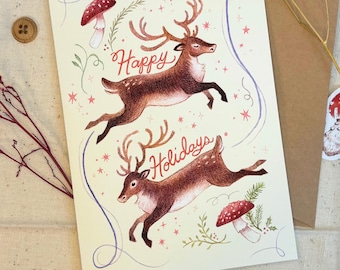 Flying Reindeer Happy Holidays Card - Mushroom Christmas Decor - Handmade Whimsical Mycology Greeting Card - Unique Holiday Card For Mom