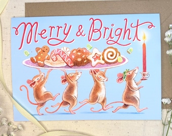 Merry and Bright Holiday Card - Whimsical Cute Christmas Card With Woodland Animals- Cottagecore Christmas Mice Funny Animal Art