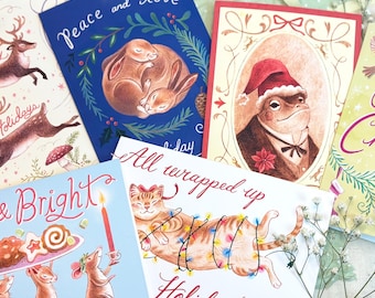 Woodland Animals Whimsical Cute Christmas Card Set - Merry Christmas Greeting Card Pack - Unique Christmas Card Set Nature Art Gifts