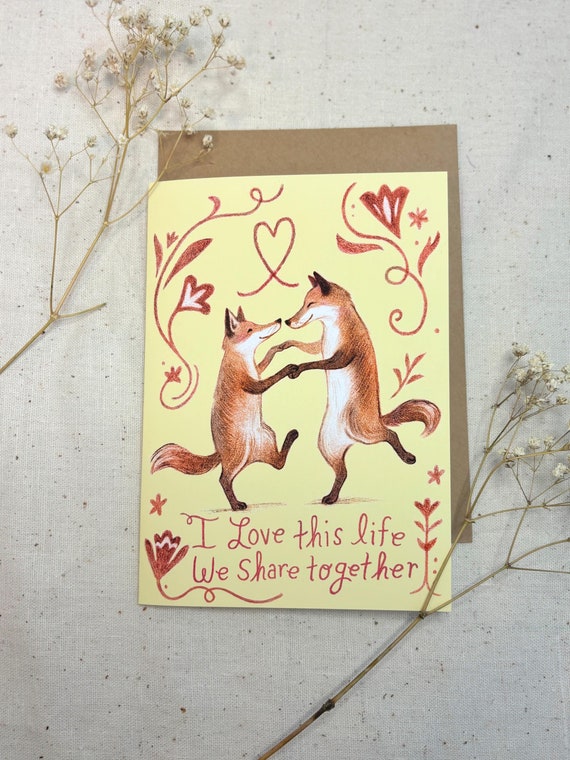 Adorable Fox Anniversary Card For Her- Valentine Gift for Wife -  Woodland Art Greeting Card for Nature Lover - Love Card for Girlfriend