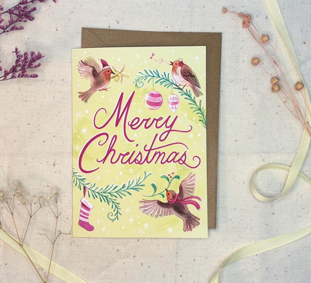 Green and Pink Whimsical Woodland Merry Christmas Card - Robin Bird Art ...