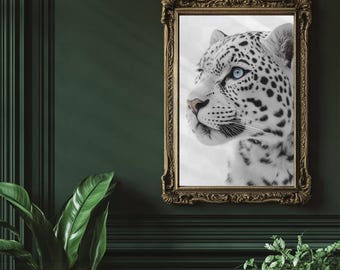Witte luipaard muurkunst print minimale dierenposter moderne safari decor afdrukbare kunst