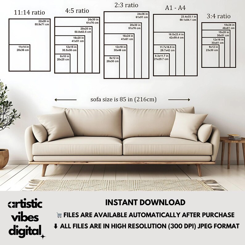 May include: A graphic showing different aspect ratios for printing photos, with measurements in inches and centimeters. The graphic shows a sofa with the text "sofa size is 85 in (216cm)" below it. The text "INSTANT DOWNLOAD" is at the bottom of the graphic, with the text "FILES ARE AVAILABLE AUTOMATICALLY AFTER PURCHASE" and "&darr; ALL FILES ARE IN HIGH RESOLUTION (300 DPI) JPEG FORMAT" below it.