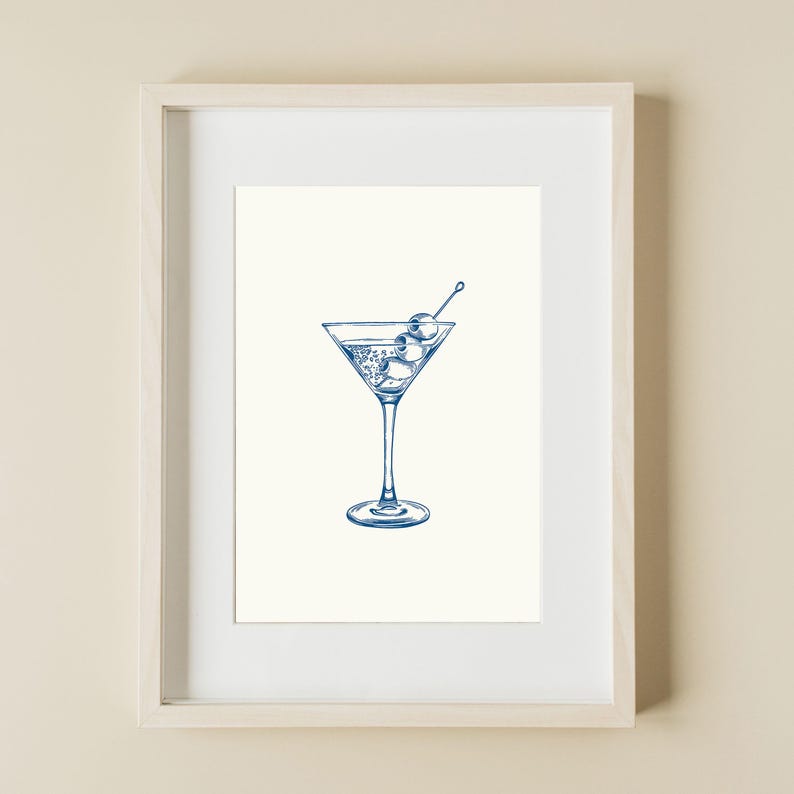 May include: A blue line drawing of a martini glass with olives on a toothpick. The glass is filled with a liquid and has a white background.