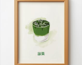 Ilustración imprimible de té matcha, bebida japonesa minimalista, arte mural