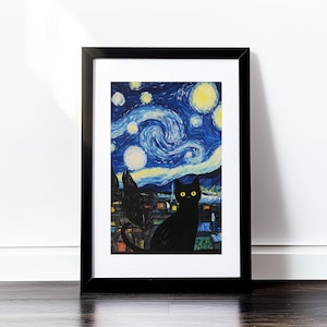 Schwarze Katze unter dem Sternenhimmel - Van Gogh inspirierte druckbare Wandkunst, Katzendekor, himmlisches Tier Poster, digitaler Download