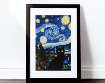 黒猫の星空の夜の壁アートプリント気まぐれな猫のポスターモダンな印刷可能なアート