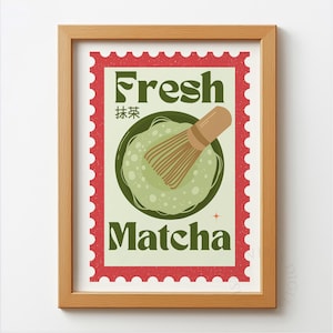 Arte mural imprimible de matcha fresco: póster retro con sello de matcha, decoración de cocina japonesa para amantes del matcha. Descarga digital.