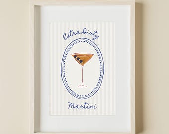 Extra Dirty Martini Cocktail Poster Digital Download Printable Bar Wall Art Minimal Vintage Illustration