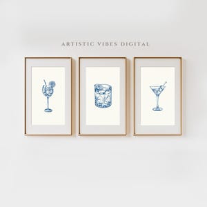 Minimalist Bar Decor - Blue Cocktail Wall Art Set of 3, Digital Drink Prints, Modern Alcohol Poster Set, Instant Download