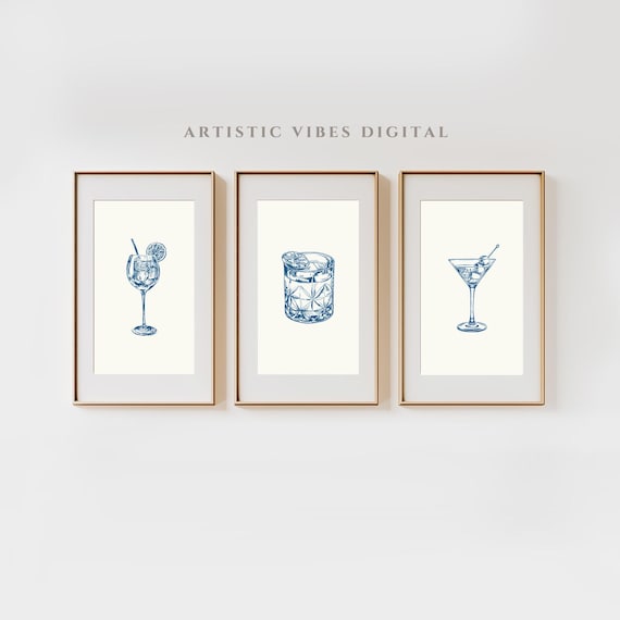 Minimalist Cocktail Wall Art Set of 3 Blue Drink Illustrations Printable PDF