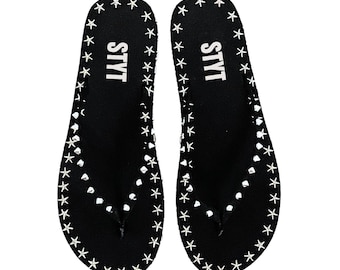 STYT Starstruck Studded Flip Flops - Black, Spiked Grunge Flip Flops, Streetwear Summer Sandal, Punk Style Sandal, Women’s Designer Sandal