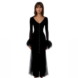 dinner dress of black worsted wool crepe with ostrich feathers Amanda Uprichard Feather Hem Dress (XL)