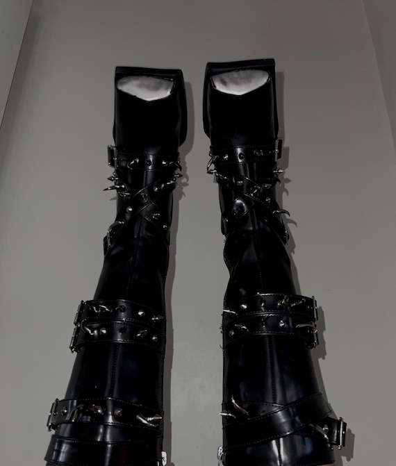 glutathione boots STYT Delilah Embellished Boots - Black, Grunge Streetwear Spike Platform Boots, Punk Style New Fall Winter Boots, Tall Women's Designer Boot