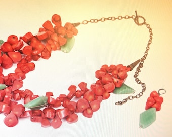 Chunky Coral and Green Aventurine fashion necklace with earrings