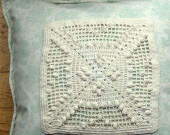 Handmade PILLOW 16" Square, Cool Blues, Down Fill, Antique Lace Trim.