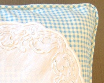 Blue Checked 14" Pillow Vintage Candlewick Linen, Handmade.