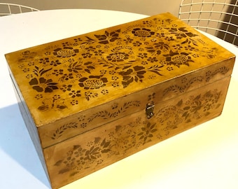 Handmade Hinged Wood Box, Hand Stenciled, 15"x7"x6"