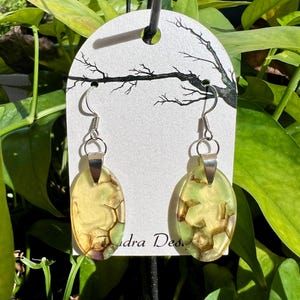 May include: A pair of oval-shaped dangle earrings featuring a translucent resin material with swirling patterns of pale green, yellow, and brown tones. The earrings are suspended from silver-toned metal hooks and attached to a white display card.