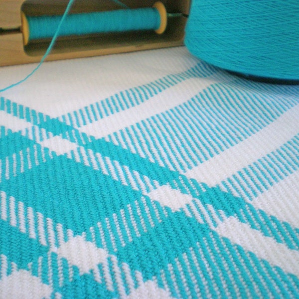 Handwoven kitchen towel / turquoise & white farmhouse plaid by Nutfield Weaver.