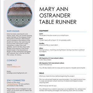 Mary Ann Ostrander Overshot Table Runner Weaving PATTERN. PDF instant download pattern by Kate Kilgus Handwovens. image 3