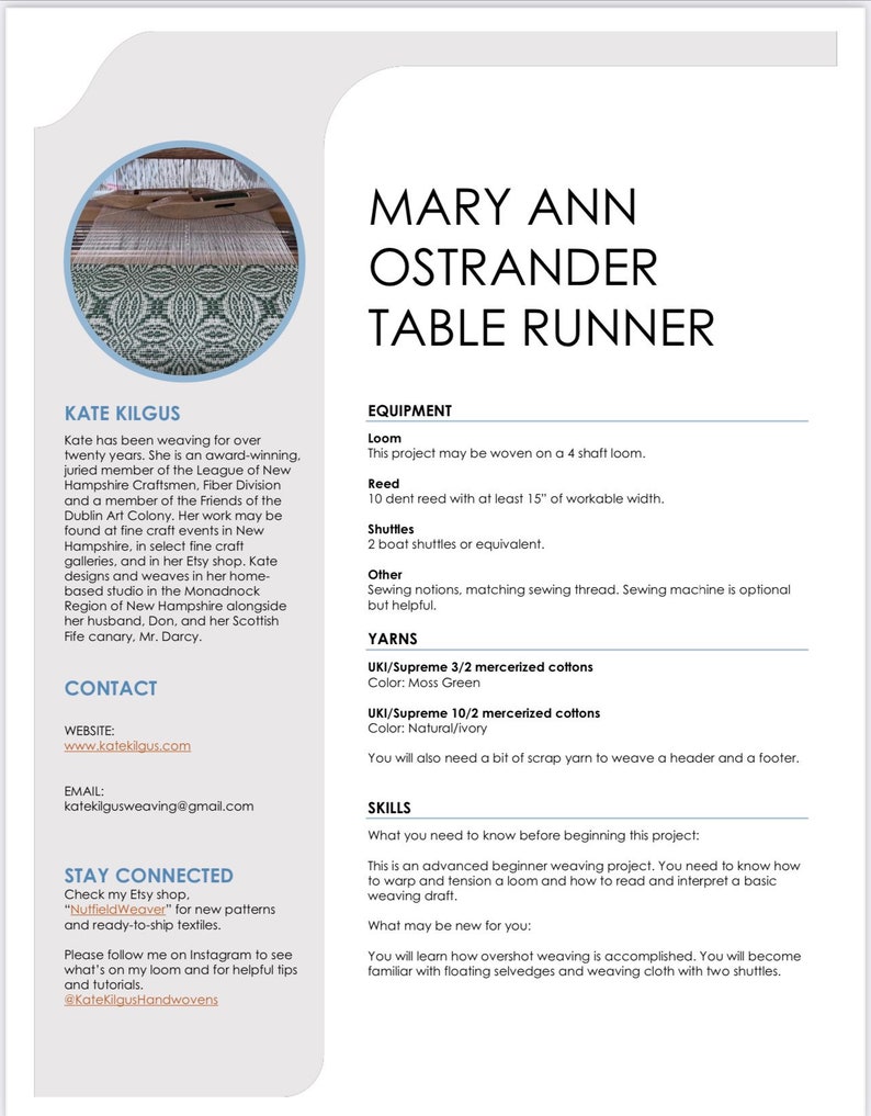 Mary Ann Ostrander Overshot Table Runner Weaving PATTERN. PDF instant download pattern by Kate Kilgus Handwovens. image 3