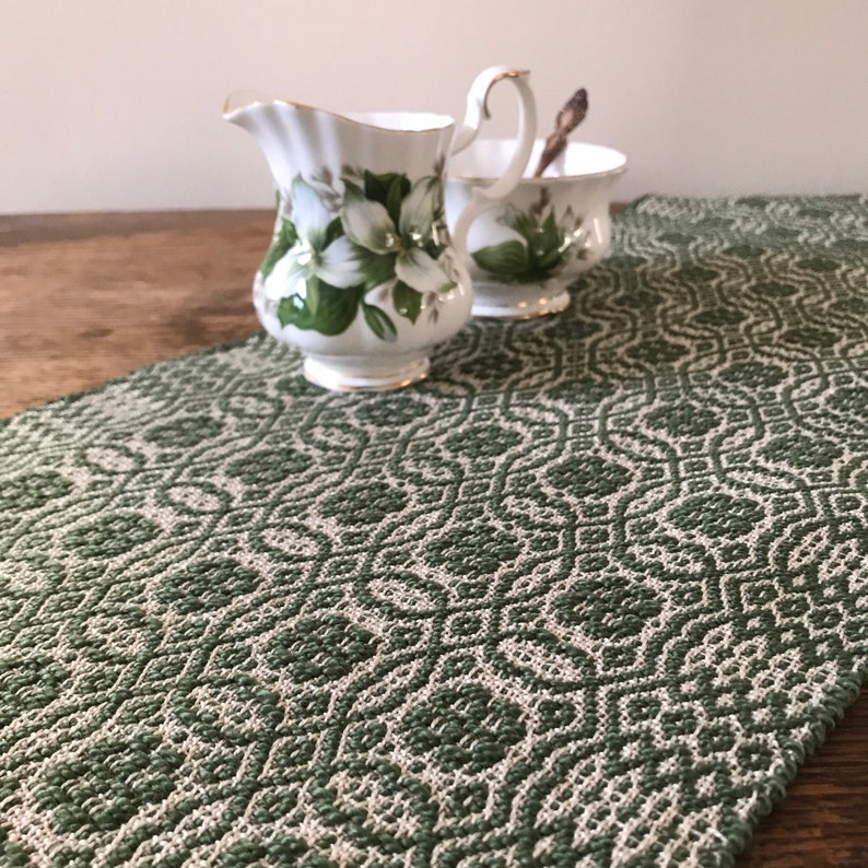 Overshot table runner handwoven in moss green and ivory. Etsy