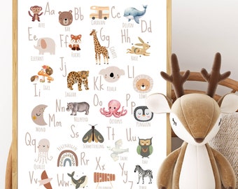 Affiche alphabet DIN A4 A3 A2, affiche ABC, affiche pour chambre d'enfant, affiche de lettres, affiche pour chambre d'enfant, inscription scolaire, décoration murale pour chambre d'enfant