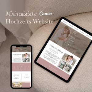 Könnte beinhalten: Ein Smartphone und ein Tablet, die ein Hochzeitswebsite-Design anzeigen. Die Website verfügt über ein sanftes Rosa- und Weiß-Farbschema mit Fotos eines Paares. Der Text auf dem Bildschirm enthält "Isabell & Thomas" und "Unsere Geschichte."