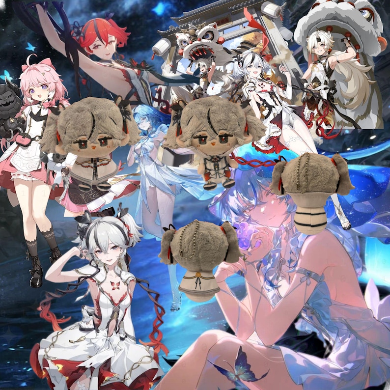 May include: A collage featuring several anime-style characters and plush dolls. The dolls are brown with pigtails and small outfits. The characters are in various poses, with vibrant colors and detailed designs. The background is a mix of blues and purples.