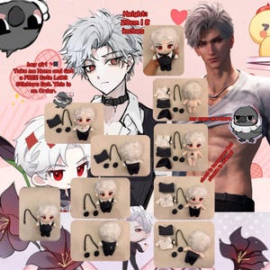 May include: A white plush doll with black hair and red eyes wearing a black suit and a black tie. The doll is 8 inches tall and comes with a set of clothing and accessories. The doll is sitting on a white background. The text "hey girl Take me Home and Get a FREE Cute LaDS Stickers Set. This is an Order." is visible in the image. Height: 20cm 18 inches.