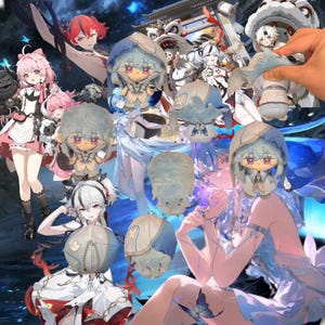 May include: A collection of anime-style plush dolls and accessories. The dolls feature light blue hair and outfits, with some wearing hats. The image also includes illustrations of anime characters in various poses and outfits, with a blue and white color scheme.