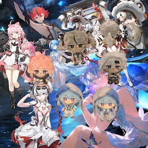 May include: A colourful collage featuring anime-style characters and plush dolls. The characters have vibrant hair colours, including pink, red, and white, and are dressed in detailed costumes. The plush dolls are small, with detailed outfits and large eyes.