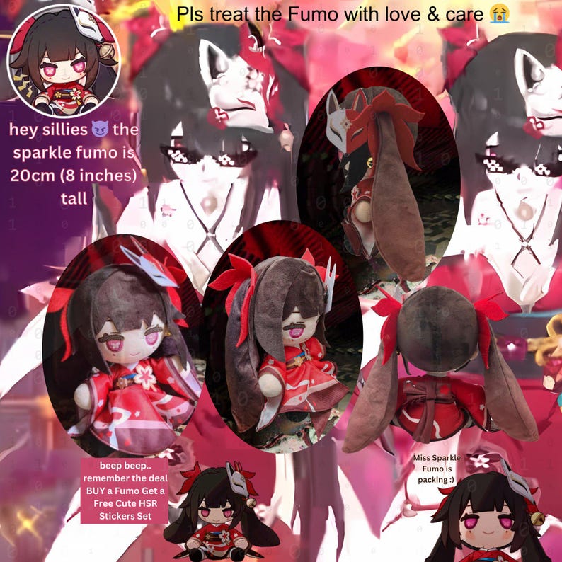 Puede incluir: Un juguete de peluche rojo y negro con una m&aacute;scara de zorro y orejas largas. El juguete mide 20 cm (8 pulgadas) de alto. El texto "Pls treat the Fumo with love & care" est&aacute; escrito encima del juguete. El texto "hey sillies the sparkle fumo is 20cm (8 inches) tall" est&aacute; escrito debajo del juguete. El texto "beep beep.. remember the deal BUY a Fumo Get a Free Cute HSR Stickers Set" est&aacute; escrito debajo del juguete. El texto "Miss Sparkle Fumo is packing :)" est&aacute; escrito debajo del juguete.
