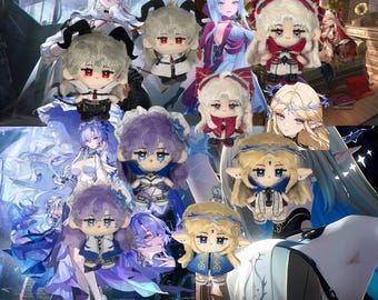 May include: A collection of plush dolls with anime-style character designs. The dolls feature various hair colors, outfits, and accessories, including bows and headbands. The background includes anime-style illustrations with a fantasy theme.
