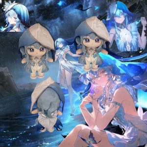 May include: A collage featuring anime-style illustrations and plush dolls. The dolls are dressed in light blue and white outfits with matching hats. The illustrations depict a character with blue hair and flowing garments, set against a blue and white background.