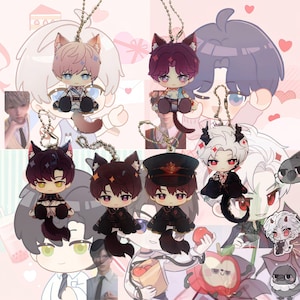 May include: A selection of anime-style keychains, each depicting a character with cat ears and a tail. The keychains showcase diverse hair colours and outfits, complete with a chain. The backdrop is a pink and white collage adorned with heart motifs.