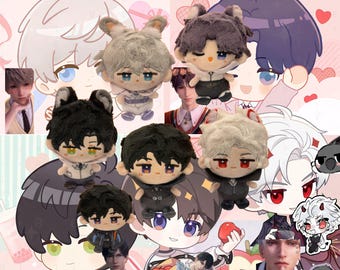 May include: A collage of plush dolls with anime-style character designs. The dolls have various hair colors and outfits, with some featuring animal ears. The background is a pink and white pattern with hearts and cartoon illustrations.
