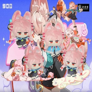 May include: Four plush dolls featuring pink hair, pointed ears, and red eyes, wearing dark outfits with blue or green accents. The dolls are displayed against a blue background with illustrated character art and the text Z.Z.Z in the top right corner.