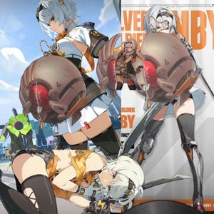 May include: An anime-style illustration featuring multiple figures in futuristic attire. The characters are depicted with white hair, armor, and weapons. The background includes a cityscape and text that reads "SOLDIER BY FACT".