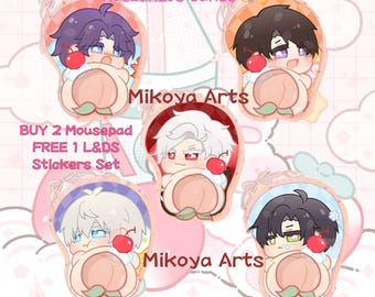 May include: Four illustrated mousepads featuring anime-style characters with peach-coloured cheeks and a cherry on top. The mousepads are pink and white with the text "Mikoya Arts" on two of them. The text "BUY 2 Mousepad FREE 1 L&DS Stickers Set" is also included.