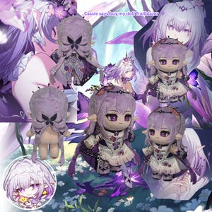 Puede incluir: Una colección de muñecos de peluche con pelo y trajes morados. Los muñecos tienen ojos grandes y visten vestidos con detalles florales. El fondo presenta ilustraciones de estilo anime en tonos morados. El texto de la imagen dice "Cassie says buy my doll Trailblazer."