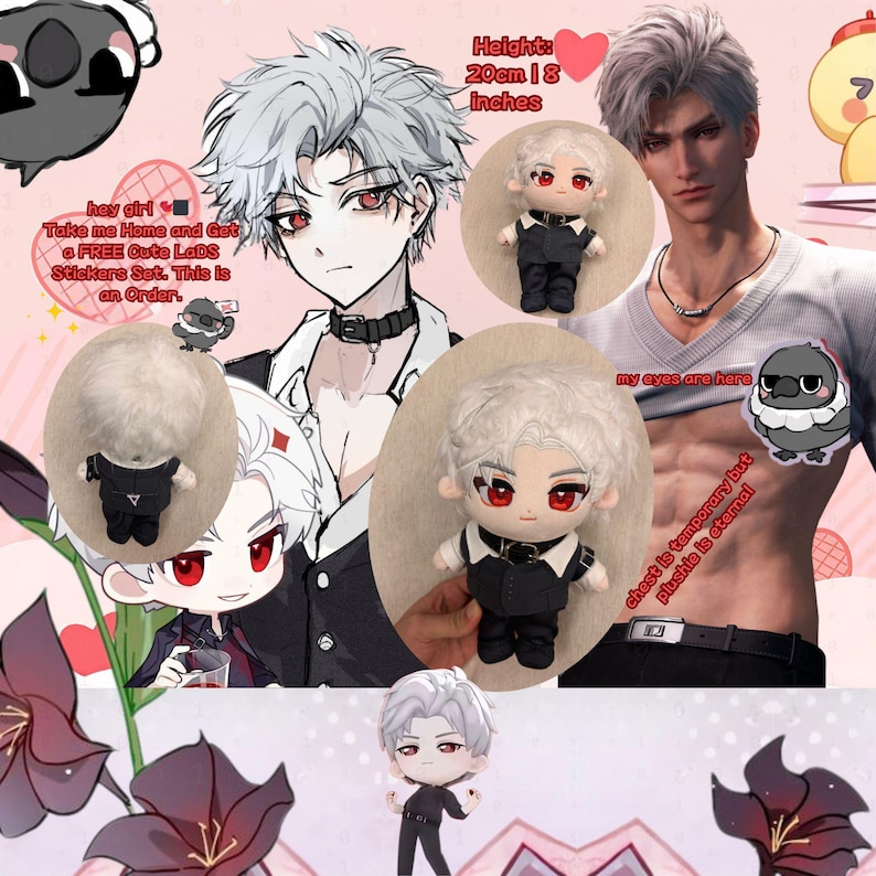 May include: A white plush toy with black hair and red eyes, wearing a black outfit. The plush toy is 8 inches tall and is sitting on a white surface. The text "Height: 20cm 18 inches" is visible in the image.