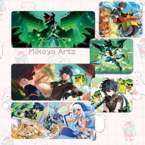 Pode incluir: Um conjunto de seis tapetes de rato coloridos com personagens de anime do videojogo Genshin Impact. Os tapetes de rato são retangulares e têm uma variedade de designs, incluindo uma paisagem pixelada verde, uma personagem com uma espada e uma personagem com um arco e flecha. Todos os tapetes de rato são decorados com o texto "Mikoya Arts".