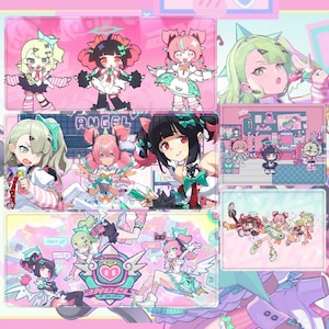 Può includere: Illustrazione dai toni pastello con personaggi in stile anime in varie pose. L'opera è divisa in pannelli, che mostrano diverse scene e personaggi. Il testo include "ANGEL" e "ANGELS OF DELUSION".